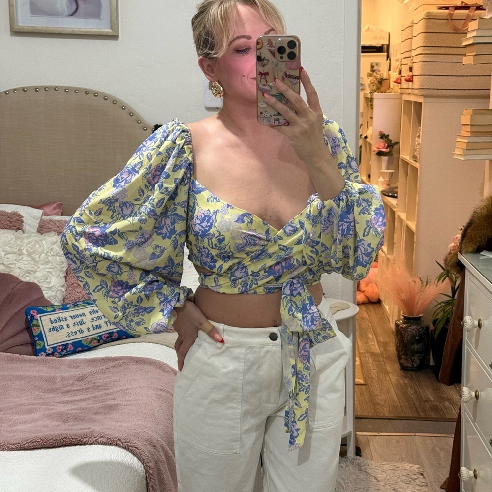 Yellow Floral Wrap Crop Top with Peasant Sleeves
